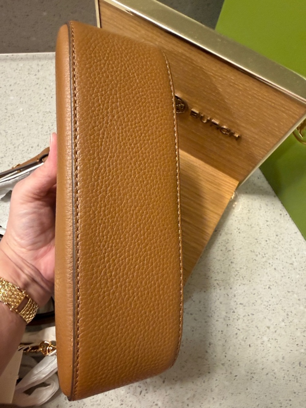Tory Burch Tan Leather Convertible Crossbody with Gold Logo 2 adjustable straps - Picture 10 of 13